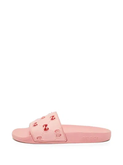 Pre-owned Gucci Embossed-logo Slides In Pink