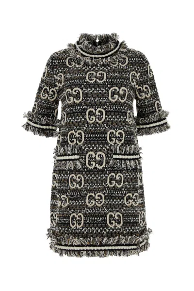 Gucci Women Embroidered Boucle Mini Dress In Black