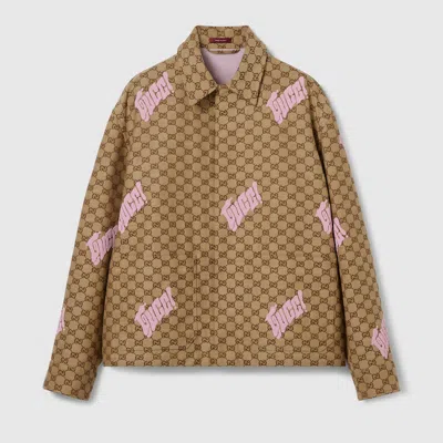 Gucci Embroidered Canvas Linen Blend Jacket In Brown