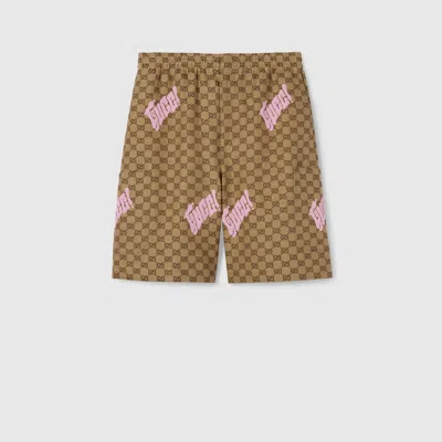 Gucci Embroidered Canvas Linen Blend Shorts In Brown