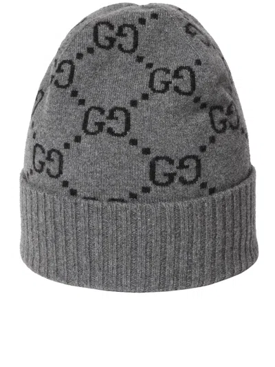 Gucci Embroidered Cashmere Beanie Hat In Gray