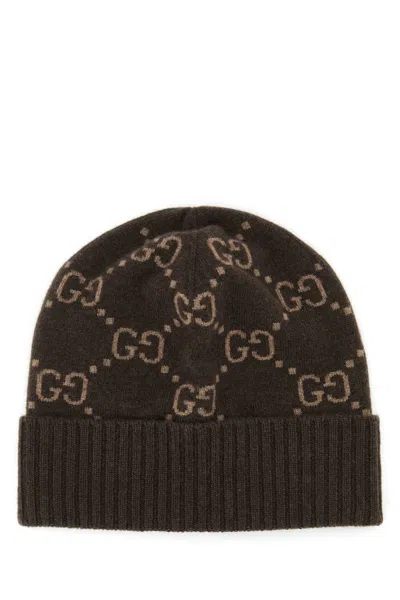 Gucci Embroidered Cashmere Beanie Hat In Brown