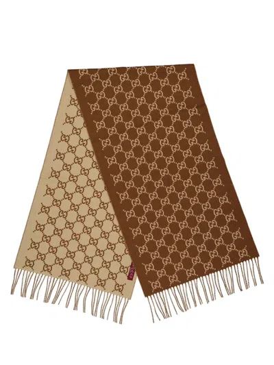 Gucci Embroidered Cashmere Reversible Scarf In Brown