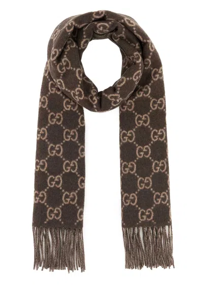 Gucci Men Embroidered Cashmere Scarf In Brown