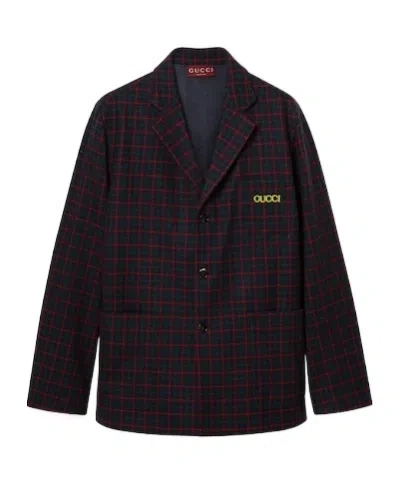 Gucci Embroidered Check Wool Flannel Jacket In Multi