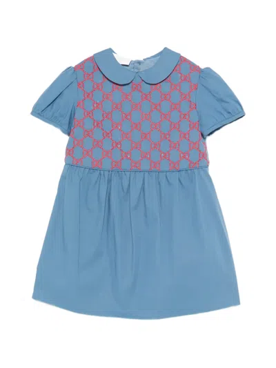 Gucci Babies' Embroidered Collared Dress In Blue