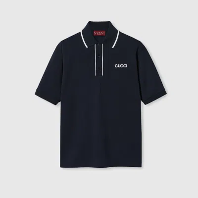 Gucci Embroidered Cotton Piquet Polo Shirt In Navy