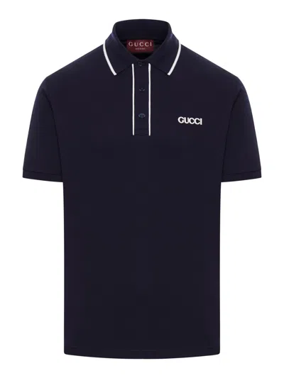 Gucci Embroidered Cotton Piquet Polo Shirt In Blue Navy