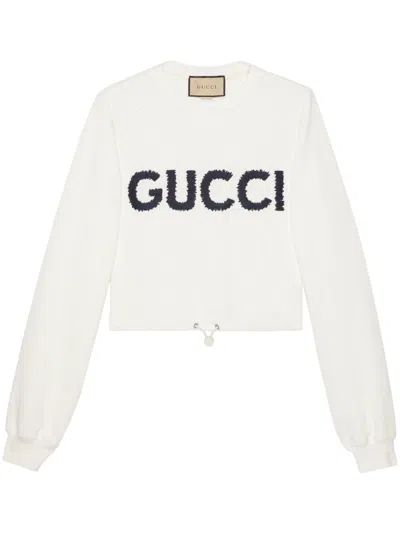 Gucci Embroidered Cotton Sweatshirt In Eggshell White And Navy Blue For Women