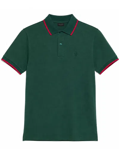 Gucci Embroidered Crest Stretch Cotton Piqué Polo Shirt With Web-motif Trim In Green