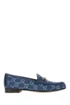 Gucci Denim Loafers With Embroidered Monogram Pattern In Blu