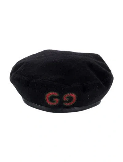Pre-owned Gucci Embroidered Felted Beret Hat In Black