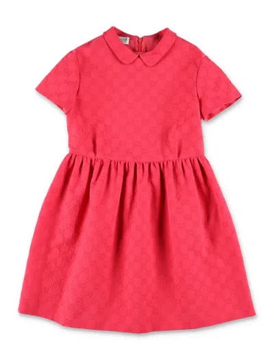 Gucci Embroidered Gg Cotton Peter Pan Collar Mini Dress For Girls In Rosso