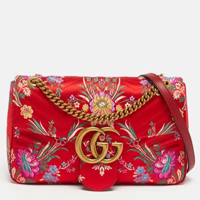 Pre-owned Gucci Embroidered Gg Marmont Medium Red Matelassé Satin Shoulder Bag