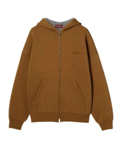 Gucci Embroidered Hooded Jersey Sweatshirt In Brown