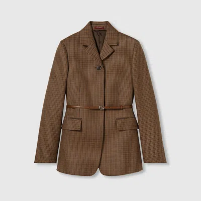 Gucci Houndstooth Wool Jacket With Embroidery In Brown