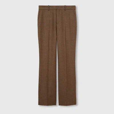 Gucci Embroidered Houndstooth Wool Pants In Brown