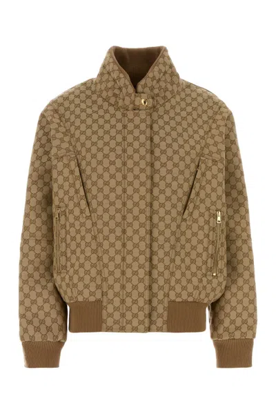 Gucci Embroidered Jacquard Bomber Jacket In Brown