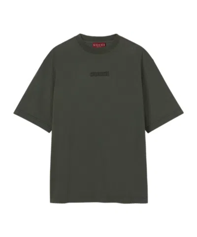 Gucci Embroidery Knitted Cotton T-shirt In Green