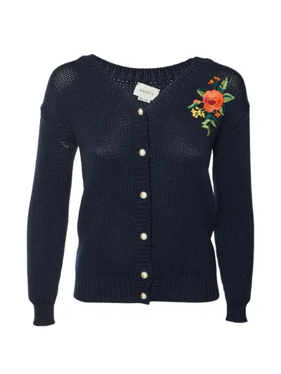 Gucci Kids' Embroidered Knit Cardigan In 블루
