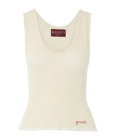 Gucci Embroidered Lace-trimmed Ribbed Knit Vest In White