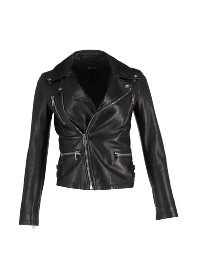 Pre-owned Gucci Embroidered Leather Biker Jacket In Black