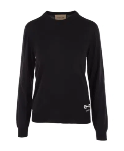 Gucci Embroidered-logo Crew-neck Jumper In Black