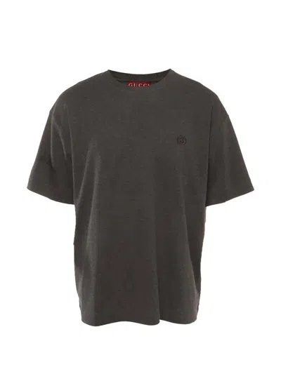 Pre-owned Gucci Embroidered Logo Crewneck T-shirt In Gray