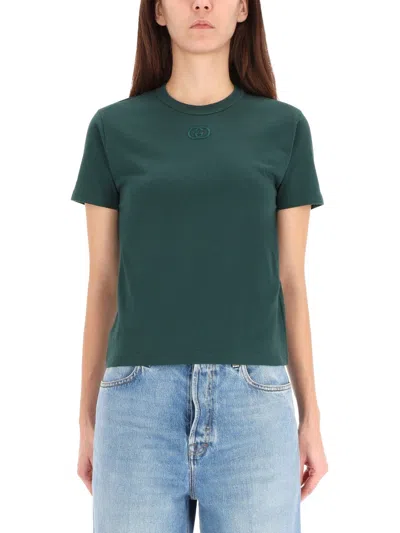 Gucci Embroidered Logo Cropped T-shirt In Green