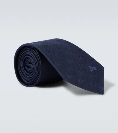 Gucci Embroidered Logo Silk Jacquard Tie In Blue