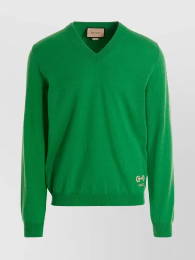 GUCCI EMBROIDERED LOGO V-NECK SWEATER