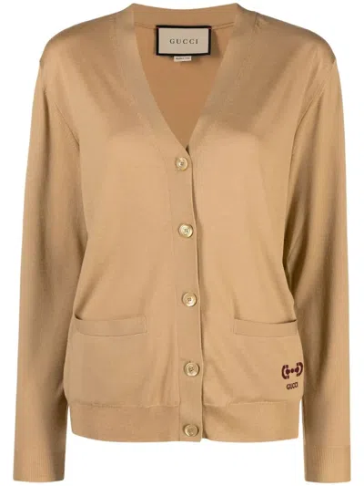 Gucci Embroidered-logo Wool Cardigan In Beige