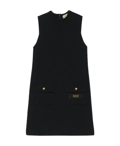 Gucci Embroidered-logo Wool Dress In Black
