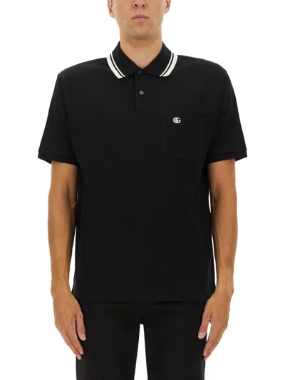 Gucci Embroidered Polo Shirt Featuring Chest Pocket In Black