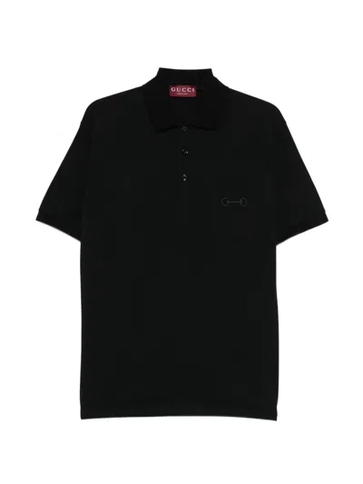 Gucci Men Dark Blue Stretch Cotton Pique Embroidered Polo Shirt In Black