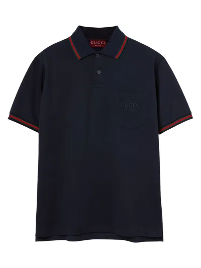 Gucci Embroidered Polo Shirt In Stretch Cotton In Blue