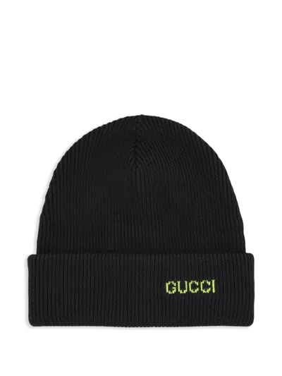 Gucci Ribbed Wool Beanie Folded Cuff In Black