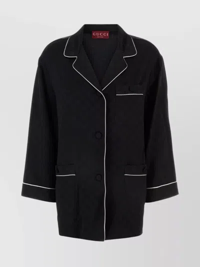 Gucci Embroidered Satin Shirt Featuring Contrast Piping In Black