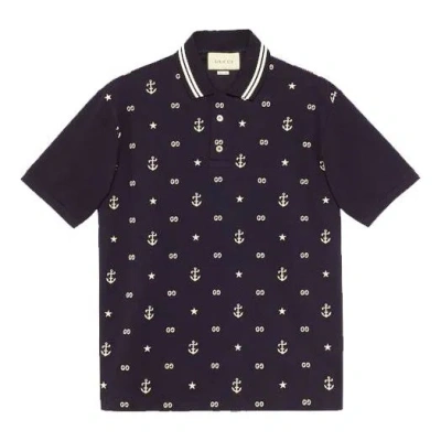 Gucci Embroidered Short Sleeve Polo Navy Blue In Black