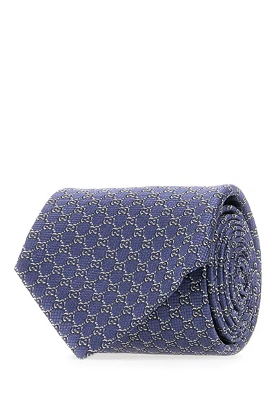 Gucci Embroidered Silk Tie In Blue