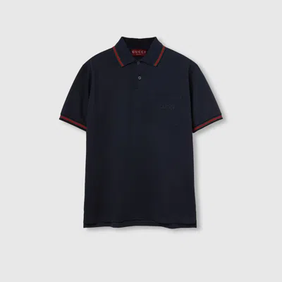 Gucci Embroidered Polo Shirt In Stretch Cotton In Blue