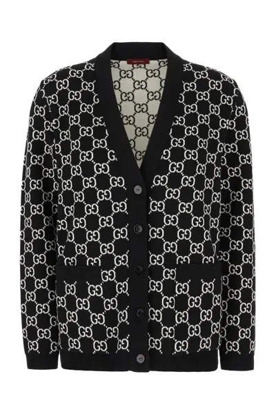 Gucci Black Reversible Cardigan With V Neck In Gg Canvas Woman