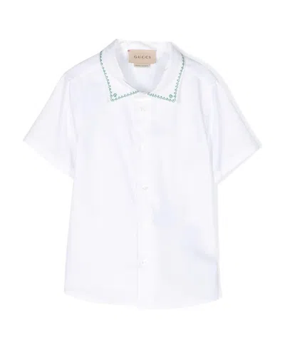 Gucci Embroidered-trim Short-sleeve Shirt In White