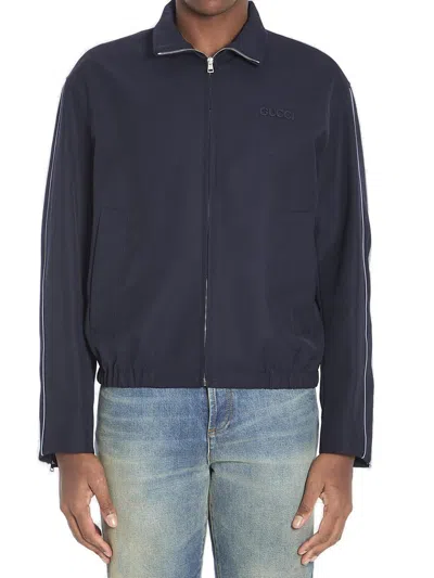 Gucci Logo Embroidered Zip-up Jacket In Blue