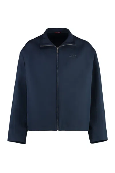 Gucci Embroidered Wool Acetate Zip Jacket In Blue
