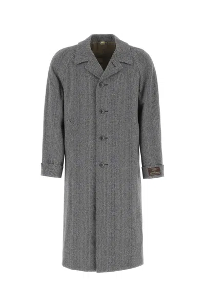 Gucci Long Houndstooth Wool Coat With Peaked Lapels In Gray