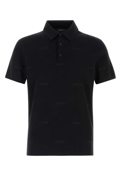 Gucci Wool-silk Jacquard Polo Shirt With Button Closure In Nero