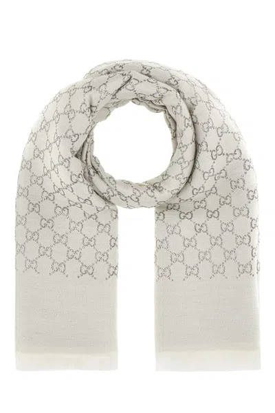 Gucci Embroidered Wool Blend Reversible Scarf In Grey