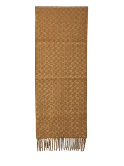 Gucci Embroidered Wool Blend Scarf In Brown