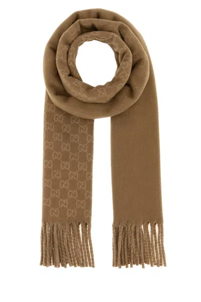 Gucci Men Embroidered Wool Blend Scarf In Brown